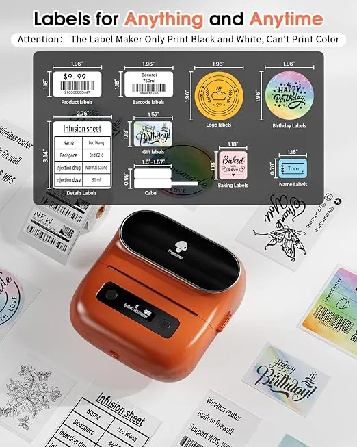 Phomemo M220 Label Printer, Portable Barcode Printer, 3.14 Inch Bluetooth Thermal Label Maker for Barcodes, Name, Address, Clothing Labeling, for Office Home,Compatible with Phones and Some PC Orange