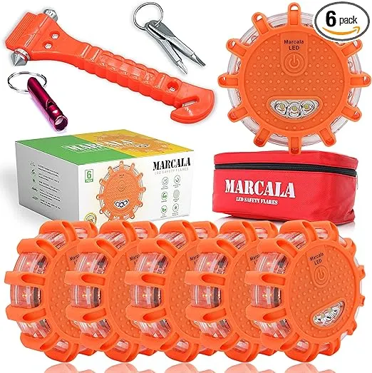 LED Road Flares 6-Pack | Roadside Emergency Kit with Flares | Roadside Safety Disc, DOT Compliant LED Safety Flares | Batteries, Case & Whistle Included | Feel Safe on The Road!