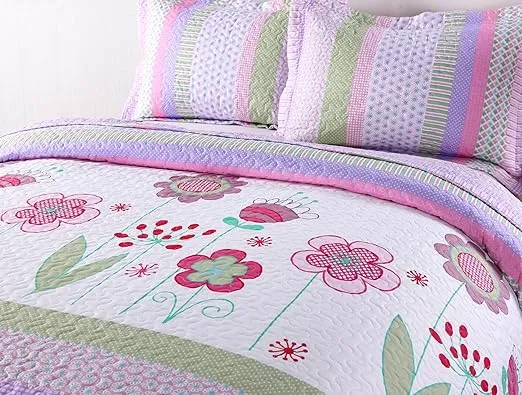 MarCielo 3 Piece Kids Bedspread Quilts Set Throw Blanket for Teens Girls Bed Printed Bedding Coverlet, Full Size, Purple Floral Striped (Full)