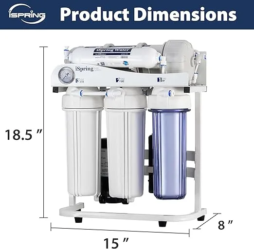 iSpring RCS5T Commercial Tankless Reverse Osmosis RO Water Filter System with 1.5:1 Pure to Drain Ratio, Pressure Gauge