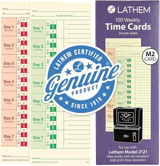Lathem Weekly Time Cards, Double-Sided, for Lathem Model 2121/Side-Print Time Clocks, 100 Pack (M2-100)