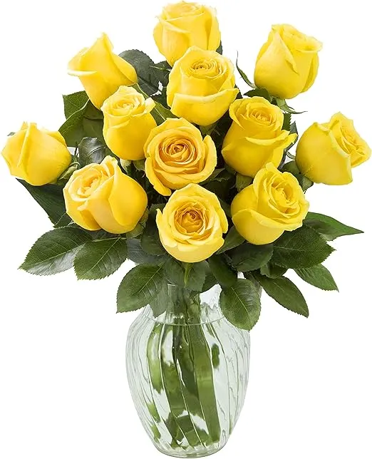 KaBloom PRIME NEXT DAY DELIVERY - Fall Collection - Bouquet of 12 Fresh Yellow Roses with Vase.Gift for Birthday, Anniversary, Get Well, Thank You, Valentine, Mother’s Day Fresh Flowers