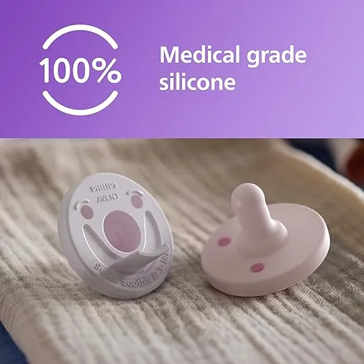 Philips Avent Soothie 3-18 Months Orthodontic Baby Pacifiers, 100% Silicone Pacifiers, One Piece, BPA-Free, 2 Lilac and 2 Pink, 4 Pack, Model SCF192/70