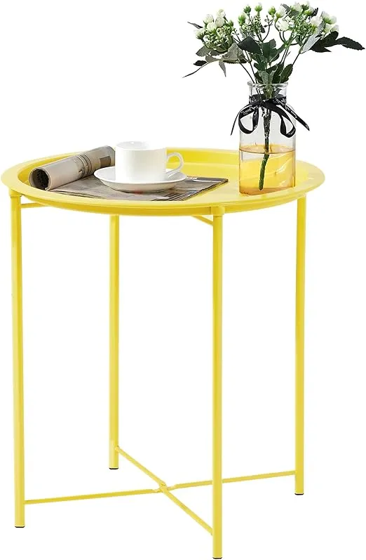 VECELO Side/End Table, Folding Round Metal Anti-Rust and Waterproof Outdoor or Indoor Tray for Living Room Bedroom Balcony and Office, 1 PCS,Yellow