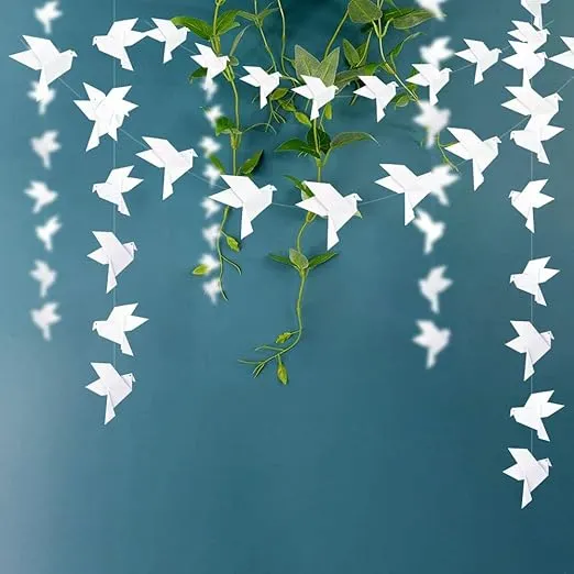 150PCS 10Strings White Origami Paper Doves Garlands for Wedding Party Decorations Bday Bridal Shower Origami Love Birds Banner for Engagement/Valentine's Day/Birthday Party Peace Dove Decor