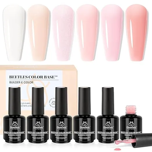 Beetles Color Base Gel Nail Polish, 6 Colors Nude Pink Gel Polish Set Neutral Base Coat 3 in 1 Builder Base for Nails Nail Strengthener Soak Off Nail Art