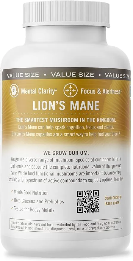 OM Mushroom Superfood Lion's Mane Mushroom Capsules Superfood Supplement, 180 Count, 60 Days, Fruit Body and Mycelium Nootropic for Memory Support, Focus, Clarity, Nerve Health, Creativity and Mood