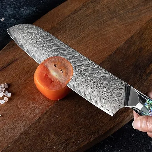 SENKEN Damascus Steel 7" Japanese Santoku Knife with Real Deep-Sea Abalone Shell Handle - Umi Collection - 67-Layer Japanese VG10 Forged Steel Blade, Integrated Full-Tang Molding (7" Santoku Knife)