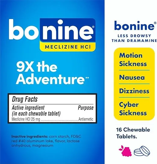 Non-Drowsy Bonine for Motion Sickness Relief, Sea Sickness, Car Sickness, Nausea, & Vomiting - Meclizine HCI 25mg, Travel-Sized - 16ct Raspberry Chewable Tablets (Packaging May Vary)