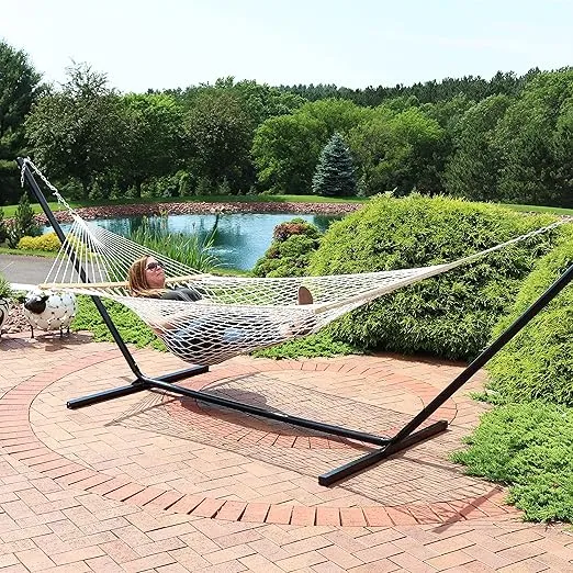 Sunnydaze Cotton Rope Double Hammock with Spreader Bars - Indoor or Outdoor Hammock with 450-Pound Capacity - Cream