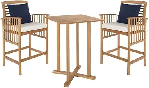 SAFAVIEH Outdoor Collection Pate Natural/ White Cushions/ Navy Pillows 3-Piece Bar Table Bistro Set