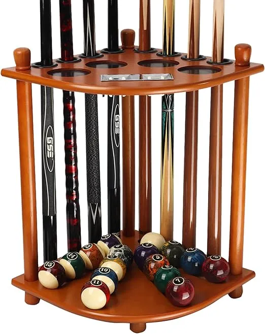 GSE Games & Sports Expert Billiards Pool Stick Holder Only, Corner-Style Floor Stand Billiard Pool Cue Racks with Score Counters, Holds 8 Pool Cue Sticks and a Full Set of Balls (Oak)