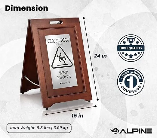 Alpine Industries 2-Sided Wooden Wet Floor Sign with Stainless Steel Plating - Double Sided Bilingual A-Frame Warning Notice - Portable Hangable Safety Alert for Bathrooms, Restaurants, and More