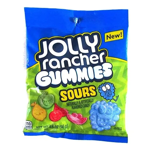 Jolly Rancher Gummies Sours (1 bag) Sour & Chewy Gummy Candy - Green Apple, Blue Raspberry, Cherry, Lemon, Watermelon - 3.4 oz / 96 g