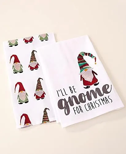 I'll Be Gnome for Christmas Collection Choice of Set of 2 Bottle Toppers, Set of 2 Towels, Mug, Salt and Pepper Set, or Platter (Set of 2 Towels)