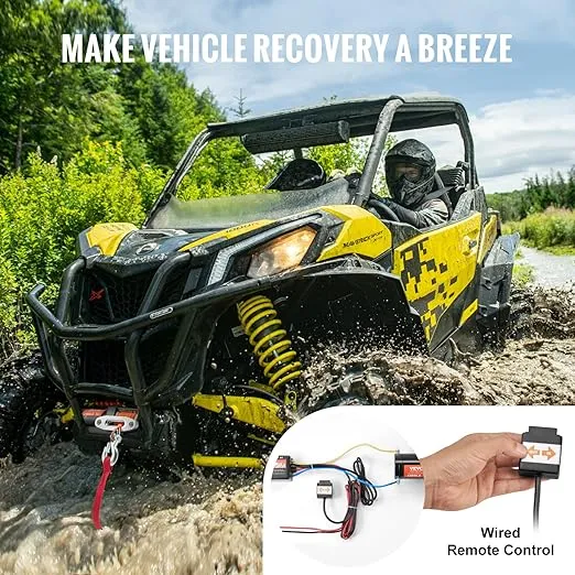 VEVOR 3500 Electric 3500 lb Line Pull Capacity, 12V DC Winch with Φ3/16 in x 39 ft 12 Strands Synthetic Rope Aluminum Fairlead Wired Remote Control, IP55 Waterproof for Towing UTV ATV Boat, Black