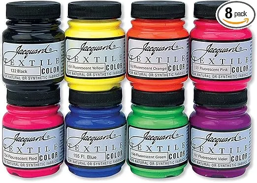 Jacquard Textile 8 Color Fluorescent Colors Set - Permanent Fabric Paint for Clothes, Furniture Upholstery, Shoes or Tote Bags – Indoor & Outdoor Fabric Paint Set – 2.25 Oz Jars, Upholstery Fabric paint