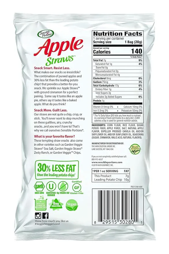 Sensible Portions Garden Veggie Snacks - Veggie Straws, Snack Size, Apple Cinnamon, 1 Oz (Pack of 24)