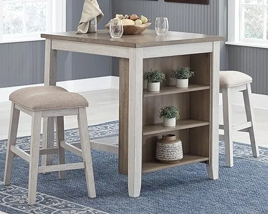 Signature Design by Ashley Skempton 3 Piece Counter Height Dining Set, Includes Table and 2 Barstools, Whitewash