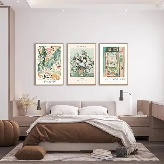 UnFramed Matisse Canvas Wall Art Set of 3 Sage Green Vintage Vin Gogh Floral Roses Prints Posters Retro The Open Window Painting Pictures Aesthetic Artwork Decor for Living Room Bedroom12x16in