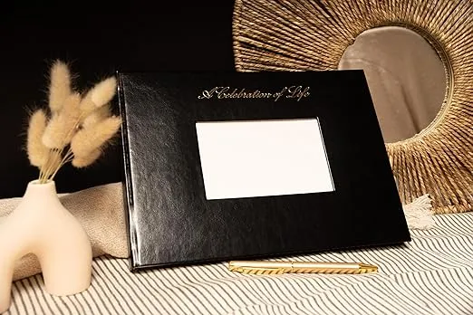 LIFETOO 12" x 8" A Celebration of Life Leather Hardcover Funeral Guest Book with Pen, 4 x 6 Photo Pocket - Memorial Guest Book for Sign in - 120 Pages, Space for Name, Address, Prayers & Memories