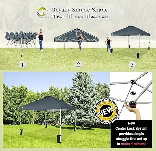 CROWN SHADES 10x10 Pop Up Canopy - Beach Tent with One Push Setup - Easy Outdoor Sun Shade for Events, Parties, Camping - Gazebo with STO-N-Go Cover Bag, Silver Coated Top, Grid Grey