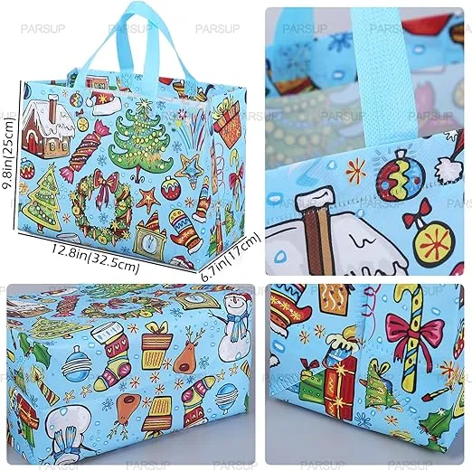 PARSUP 36PCS Christmas Reusable Grocery Bags,Christmas Tote Bags with Handles, Treat Bags, Multifunctional Non-Woven Bags for Gifts Wrapping Shopping, Xmas Party Supplies, 12.8×9.8×6.7inch