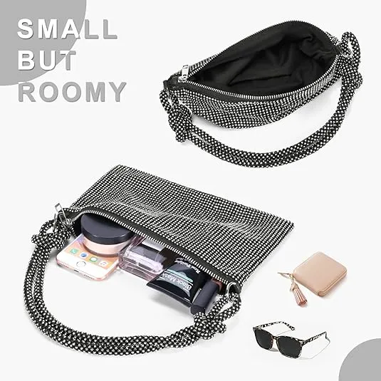 Rhinestone Purses for Women Chic Sparkly Evening Handbag Bling Hobo Bag Shiny Silver Clutch Purse for Party
