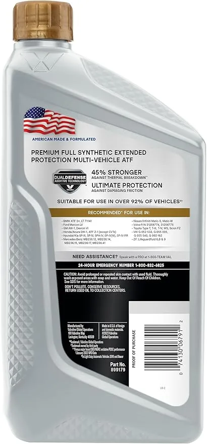 Valvoline Extended Protection Full Synthetic Automatic Transmission Fluid ATF 1 QT