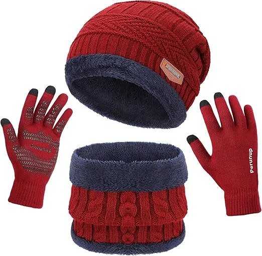 MAYLISACC Winter Knit Beanie Hat Neck Warmer Scarf and Touch Screen Gloves Set 3 Pcs Fleece Lined Skull Cap for Men Women