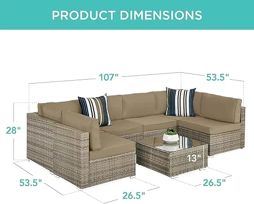 Best Choice Products 7-Piece Modular Outdoor Sectional Wicker Patio Conversation Set w/ 2 Pillows, Coffee Table, Cover Included - Taupe/Desert