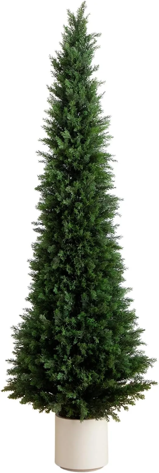 Nearly Natural 6-FT Artificial Cedar Tree, Indoor/Outdoor UV Resistant Faux Cedar Tree in Decorative White Planter for Front Porch Décor