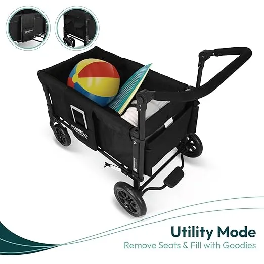 WONDERFOLD W1 Original Stroller Wagon (2 Seater) - Collapsible Wagon Stroller with Seats with 5-Point Harnesses, Adjustable Push Handle, and Sun Canopy, Jet Black