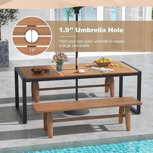 Tangkula Outdoor Dining Table for 8, 79 Inches Acacia Wood Patio Table with 1.9 Inches Umbrella Hole, Heavy Duty Metal Legs & Adjustable Foot Pads, for Patio, Garden, Poolside or Indoor