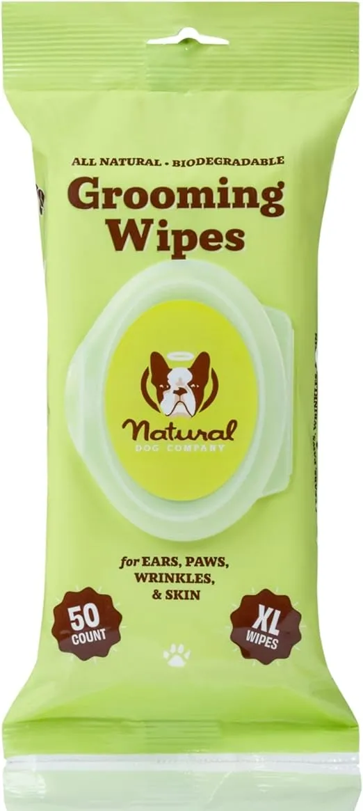 Natural Dog Company Grooming Wipes with Aloe Vera, Cleanses, Soothes, & Deodorizes, Fragrance Free, Hypoallergenic, Biodegradable Wipes - Dog Wipes for Ear, Paws, Face and Butt Wipes (50 Wipes)