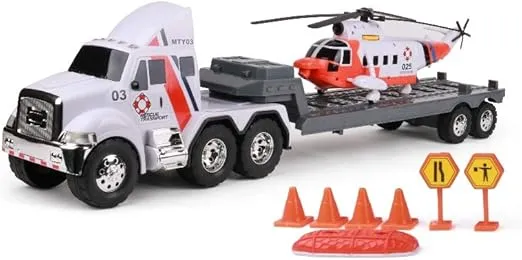 Titans 25" Huge Toy Semi w/Flatbed & Rescue Helicopter, Realistic Sounds & Lights, Batteries Included