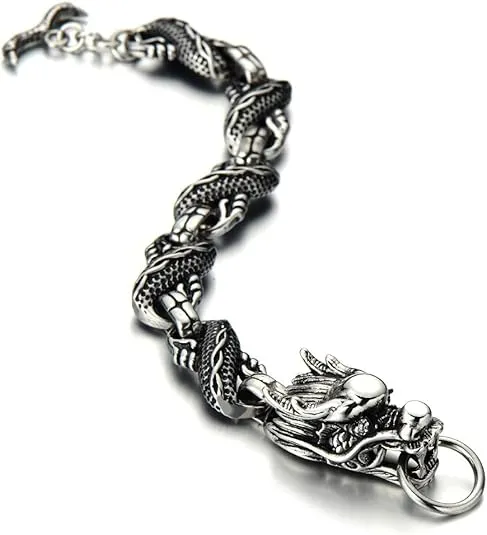 COOLSTEELANDBEYOND New Gothic Biker Link of Dragon Bracelet for Men with Toggle Clasp Silver Black Two-Tone Polished