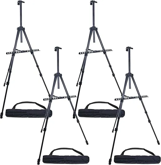 U.S. Art Supply - Pack of 4-66 Inch Sturdy Black Aluminum Tripod Artist Field and Display Easel Stand - Adjustable Height 20" to 5.5 Feet, Holds 32" Canvas - Floor and Tabletop Displaying, Painting
