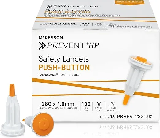 McKesson Prevent HP Safety Lancet, Retractable, Pressure-Activated Finger Device, Sterile - Ideal for Blood Testing - Single Use, 28 Gauge, 1.0 mm Depth, 100 Count, 1 Pack