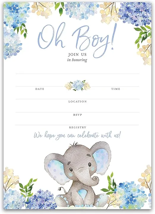 BLUE ELEPHANT Baby Shower INVITATIONS — Pack of 25 — BABY BOY Blank Fill-in Baby Shower INVITES, Oh Baby, Blue Floral BABY ELEPHANT BOY Baby Sprinkle Little Peanut Invitation SKU I531-INV1