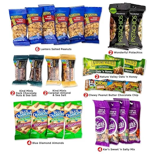 Variety Snacks Care Pack (24 Count) | Healthy, Salty/Savory & Sweet Mix of Assorted Packaged Nuts, Peanuts, Almonds, Trail Mixes, Nut Bars & More| for Breakfast, College, Work, Fitness & More