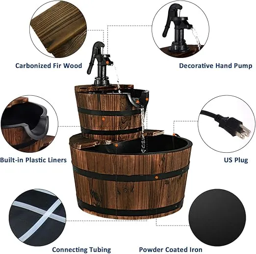 Giantex 2-Tier Barrel Waterfall Fountain, Rustic Wood Barrel Cascading with Electric Decorative Hand Pump, Outdoor Water Feature for Garden Patio Backyard Lawn Porch
