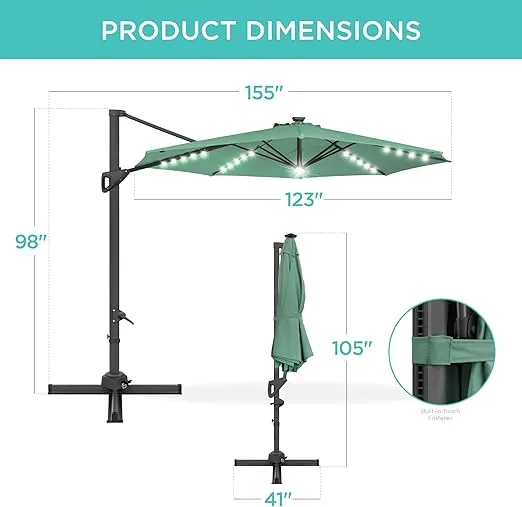 Best Choice Products 10ft Solar LED Cantilever Patio Umbrella, 360-Degree Rotation Hanging Offset Market Outdoor Sun Shade for Backyard, Deck, Poolside w/Lights, Easy Tilt, Cross Base