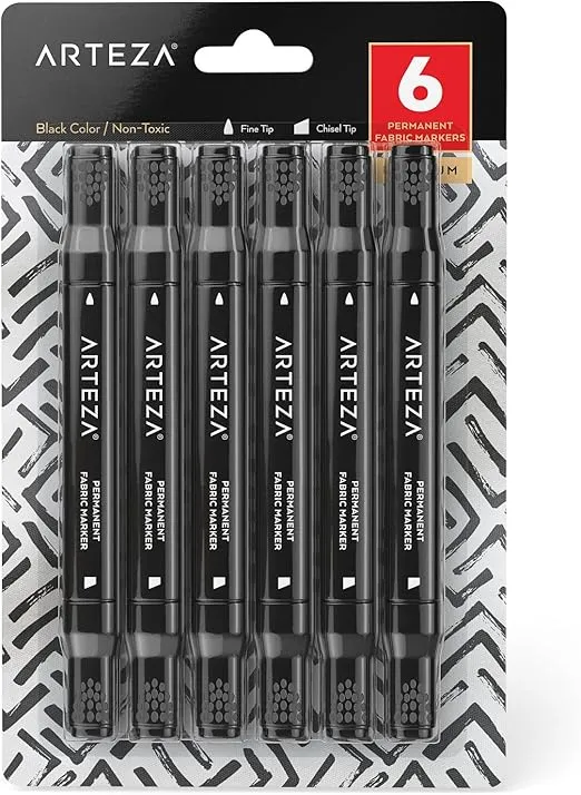 ARTEZA Black Fabric Markers, Set of 6, Permanent Textile Markers, Dual-Tip Pens for Coloring T-Shirts, Jeans, Jackets, Backpacks