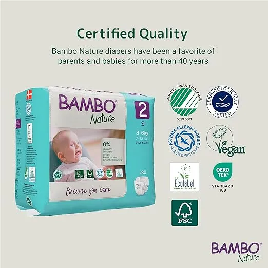 Bambo Nature Hypoallergenic Green Bag Baby Diapers, Eco-Labeled Diapers, Enhanced Leakage Protection, Totally Chlorine-Free, Skin Friendly, and Super Absorbent - Size 2 (180 Count)