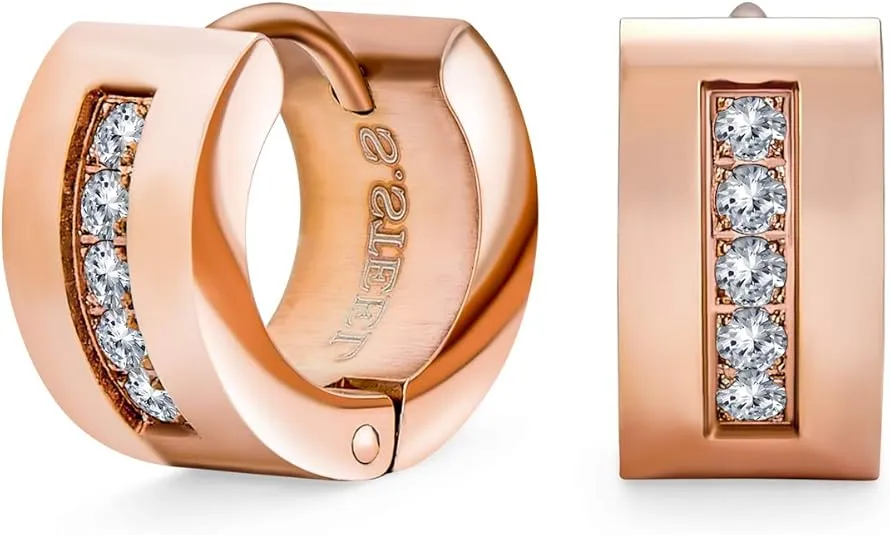 Unisex Channel Set 3 Row Cubic Zirconia CZ K-pop Wide Mini Hoop Huggie Earrings For Men For Women Silver Black, Rose Yellow Gold Plated Steel Stainless