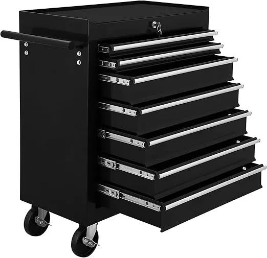 Tool Cart With Drawers,7 Drawers Locking Rolling Tool Chest with Wheels,Mechanic Tool Cabinets for Garage,Large Black Tool Box for Warehouse,Repair Shop