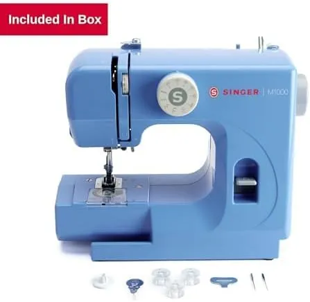 SINGER M1000 Lightweight & Portable Sewing Machine With 32 Stitch Applications, LED Light & Top drop-in bobbin for Hems | Great for Mending - Blue