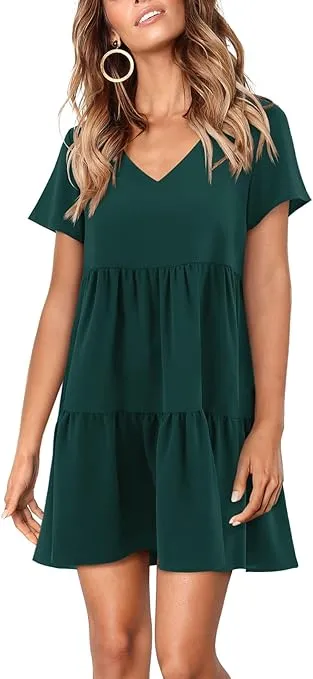 Amoretu Women Summer Tunic Dress V Neck Short Sleeve Casual Loose Flowy Swing Shift Dresses