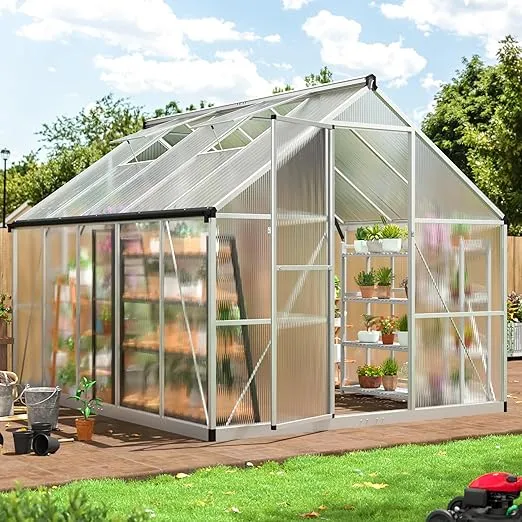 Greenhouse for Outdoors 8x10 FT, Polycarbonate Greenhouse with Quick Setup Structure and Roof Vent, Aluminum Large Walk-in Greenhouse for Outside Garden Backyard, Silver